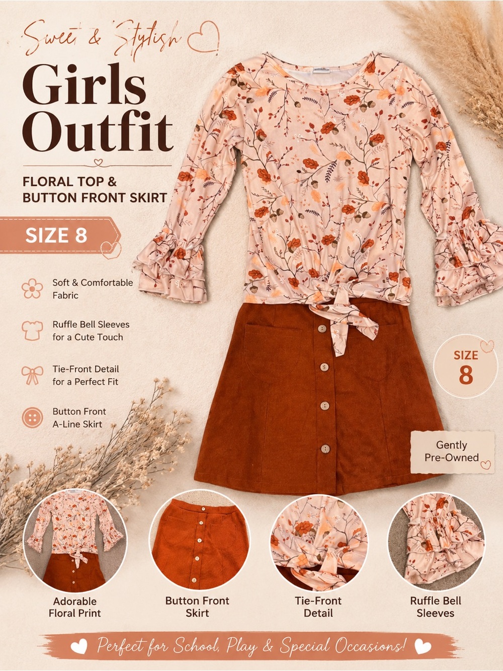 Floral Ruffle Sleeve Top and Button Skirt Set